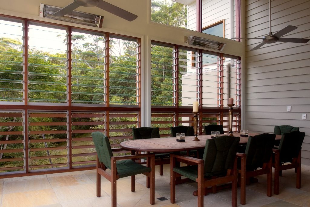 Breezway louvres in outdoor rooms provide ventilation and privacy